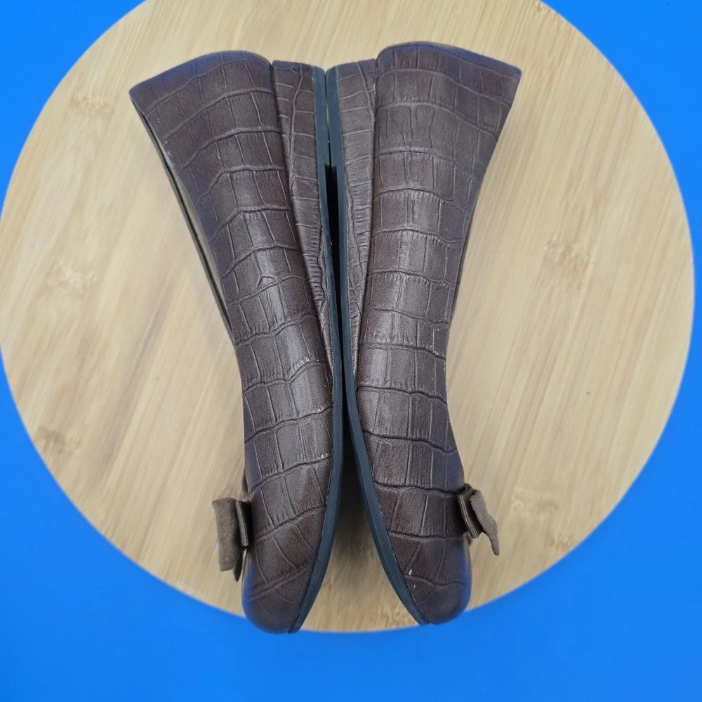 Vionic Orthaheel Women's 7 Shoes Lydia Brown Leather Croc Print Slip‎ On Wedge